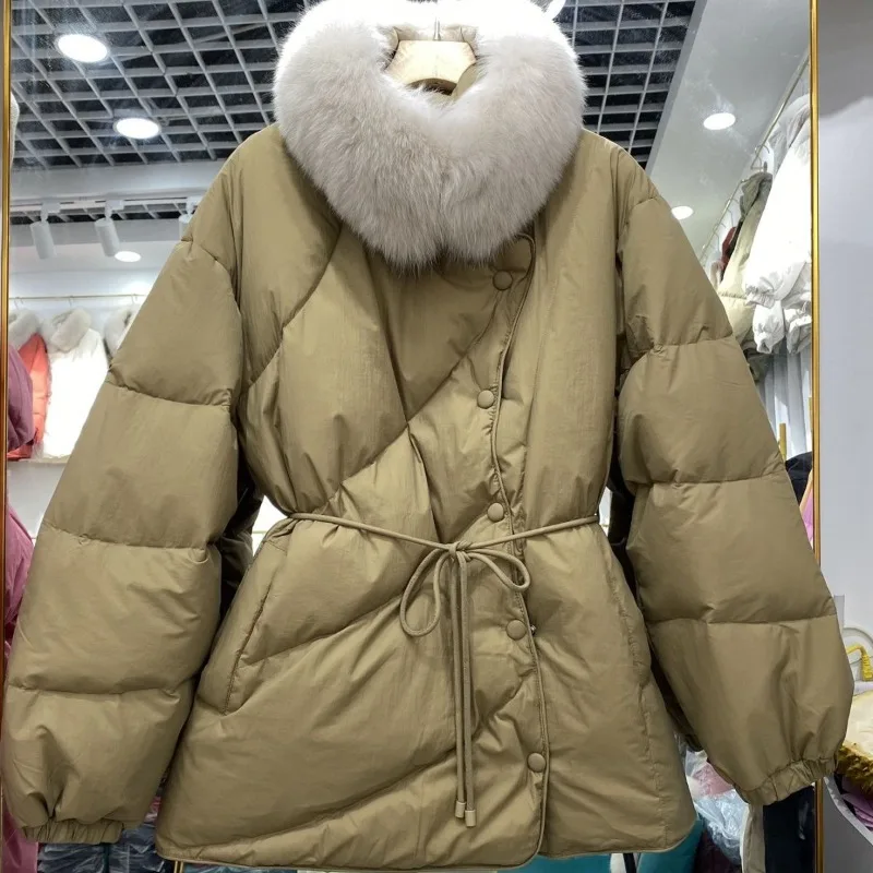 Chaqueta de plumón con cuello de piel de zorro para mujer, abrigo de invierno, Parkas cálidas, prendas de vestir de encaje en la cintura, versión de longitud media, abrigo femenino