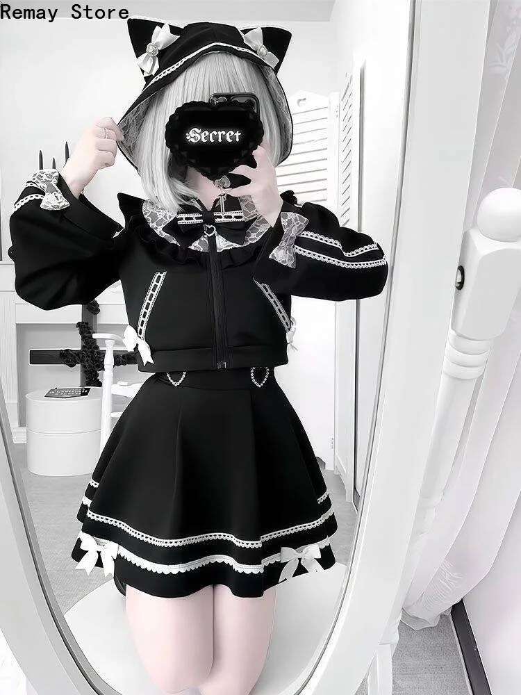 Japanese Gothic Dark Lolita Y2k Kawaii Women 2 Pieces Set Cat Ears Bow Sweatshirt + Lace Skirt Party Harajuku Subculture Outfits