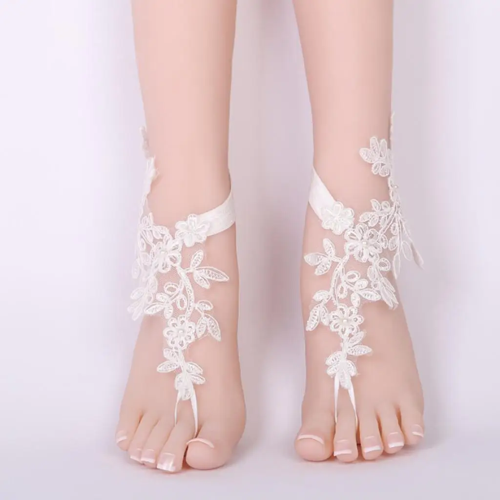 

White Lace Fabric Anklets Barefoot Sandals Summer Bridal Foot Chain for Beach Wedding