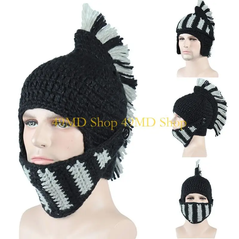 49MD Funny Knit Roman Knight Helmet Hat Tassel Barbarian Earflap Skull Cap with Mask