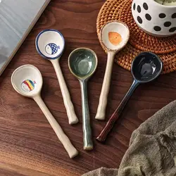Japanese Style Ceramic Soup Spoon For Adult and Kids Kitchen Tableware Cute Cartoon Long Handle Spoon Teaspoon Cooking Utensil