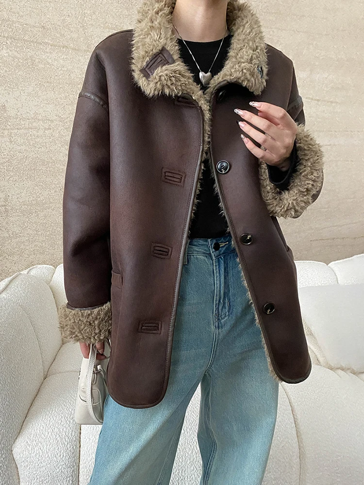 [LANMREM] Double Sided Wear Faux Fur Coats For Women Lapel Single Breasted Office Lady Thick Warm Outwear 2024 Winter New