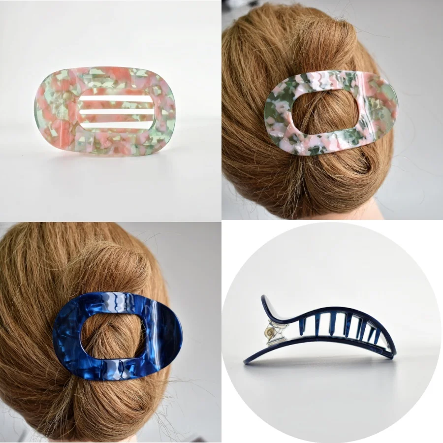 1-teiliges Set für Damen, mehrfarbige Haarspange aus Acetat, hohle, ovale, flache Form, geeignet für dickes und langes Haar, verschiedene Anwendungsmöglichkeiten. – Detail 12
