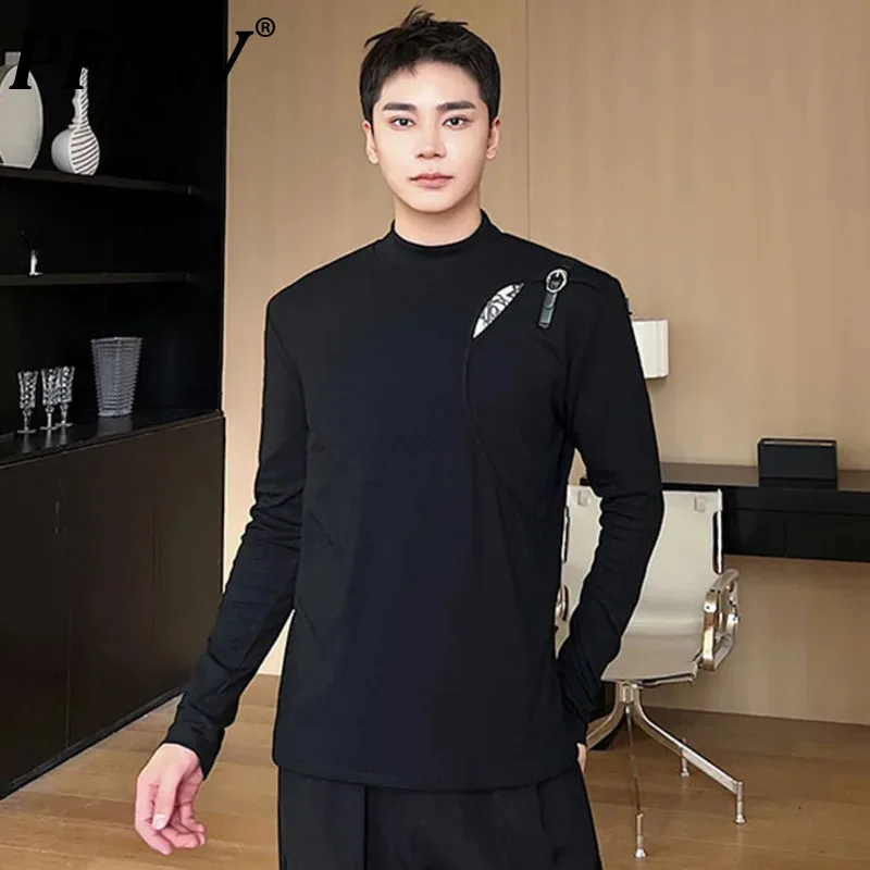 PFNW Slim Men's Long Sleeve T-shirts Male Clothing Mock Neck Belt Spliced Hollow Out Pullover Male Tops Niche Design 9C1736