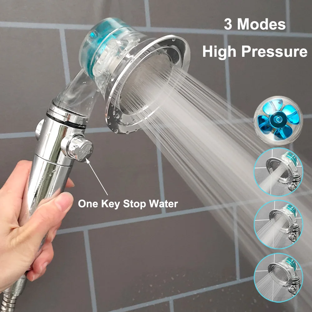 

Душевая насадка высокого давления с пропеллером, турбонаддувные распылители под давлением, 3-режимная насадка для душа с одной кнопкой, аксессуар для ванной комнаты