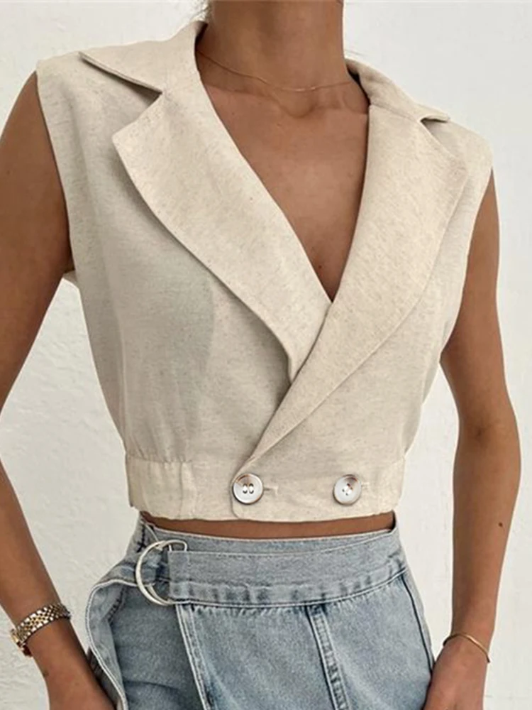 2024 Summer Women Solid Khaki Linen Tank Tops Sleeveless V-neck Vest Crop Tops For Women Female