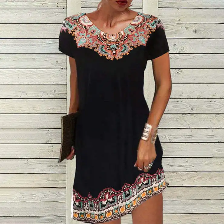 

2024 Summer Women's Wavy Neck Print Short-sleeve Dress Elegant Casual Floral Theme Printed Female Fashionable Knee Length Dress