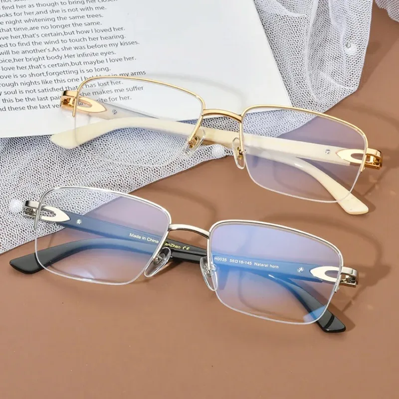 Natural Black Horn Leg Optical Glasses Frame Half-frame Myopia Frame Men's Flat Mirror 2024 New High-end Travel UV Protection