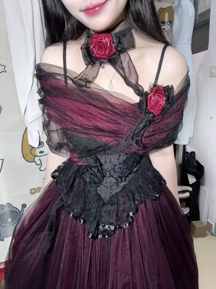 

Gothic Red and Black Off-Shoulder Tulle Gown Romantic Rose Evening Dress Yarn Lolita Dress Princess Lolita Birthday Party Dress