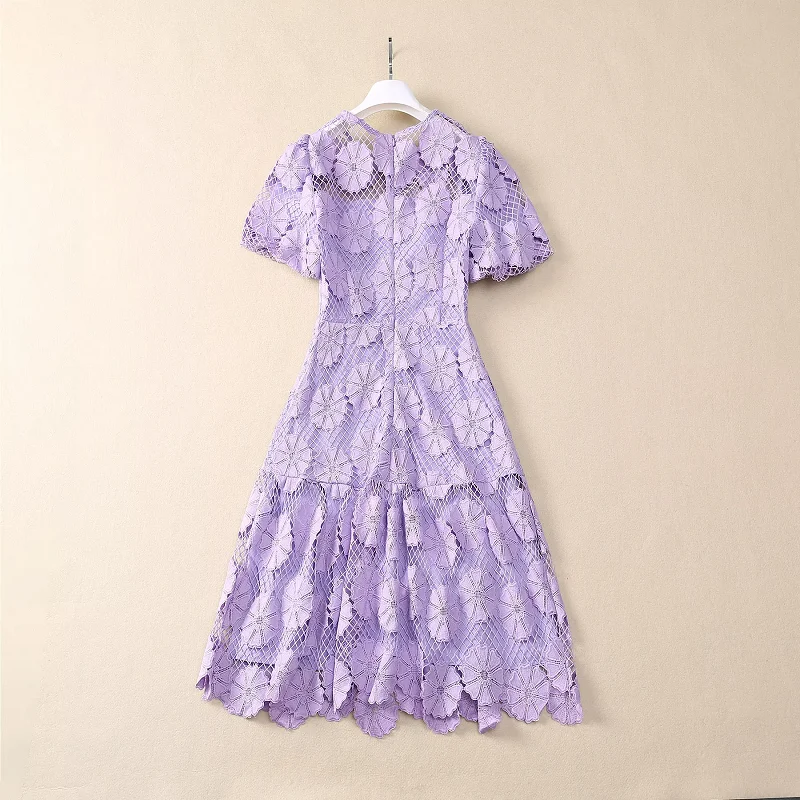 New 2025 Summer Hot Sale Dress High Quality Ladies Sexy Crochet Lace Embroidery Short Sleeve Mid-Calf Length Purple Dress Club