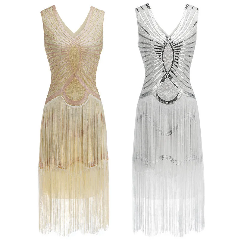 New 1920S Gates Bright Beads Handmade Evening Dress Tassel Sleeveless Vintage Dress Polyester Spring 2023 Ladies Fashion