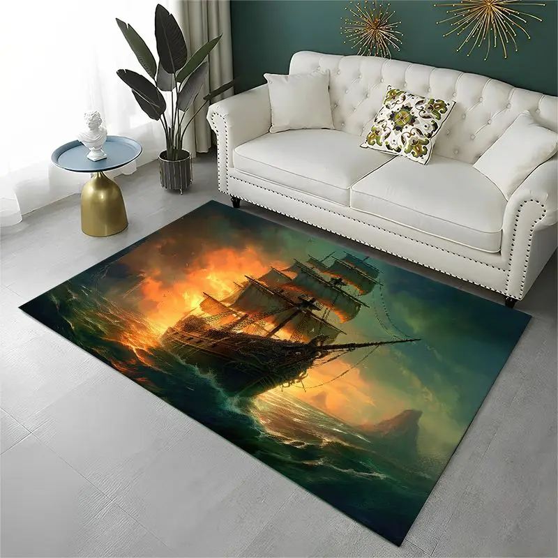 Storm Pirate Ship Boat Barque Large Area Rug Non-slip Durable Carpet for Bedroom Living Room Sofa Doormat Home Decor Floor Mat
