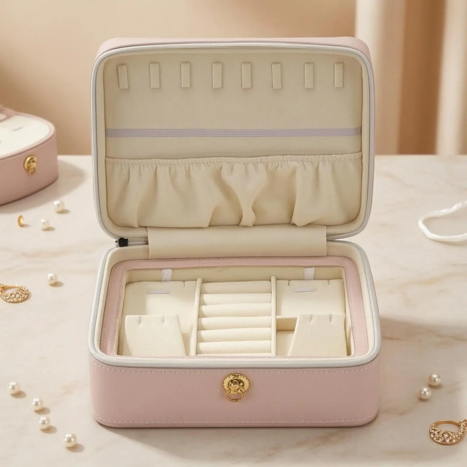 Portable Jewelry Case Organizer for Dressing Table with Gathered Pockets and Circlet Slots for Accessories