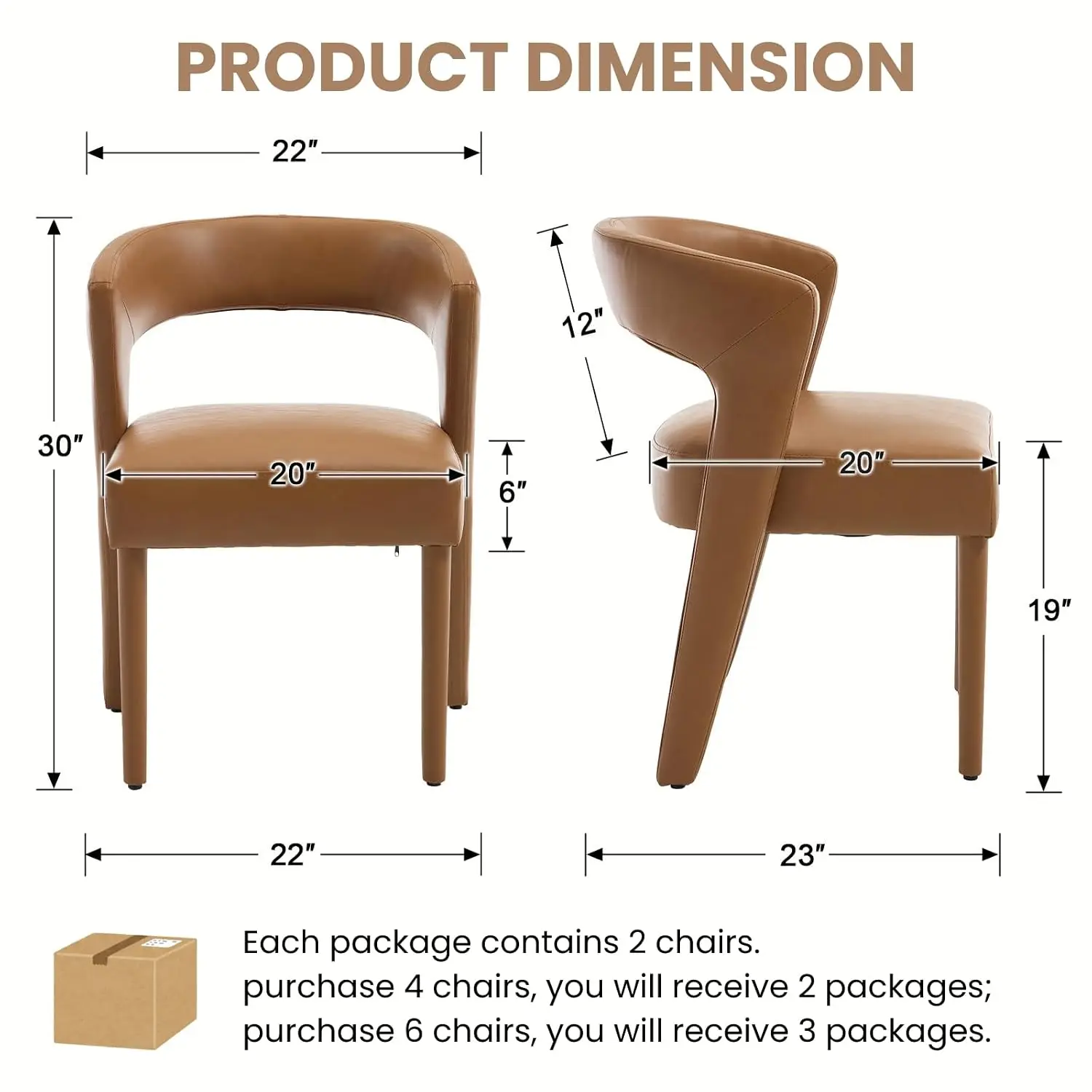 Mid-Century Upholstered Dining Chairs Set of 6, Modern Brown Faux Leather Dining Room Chairs Curved Open Back, Customized