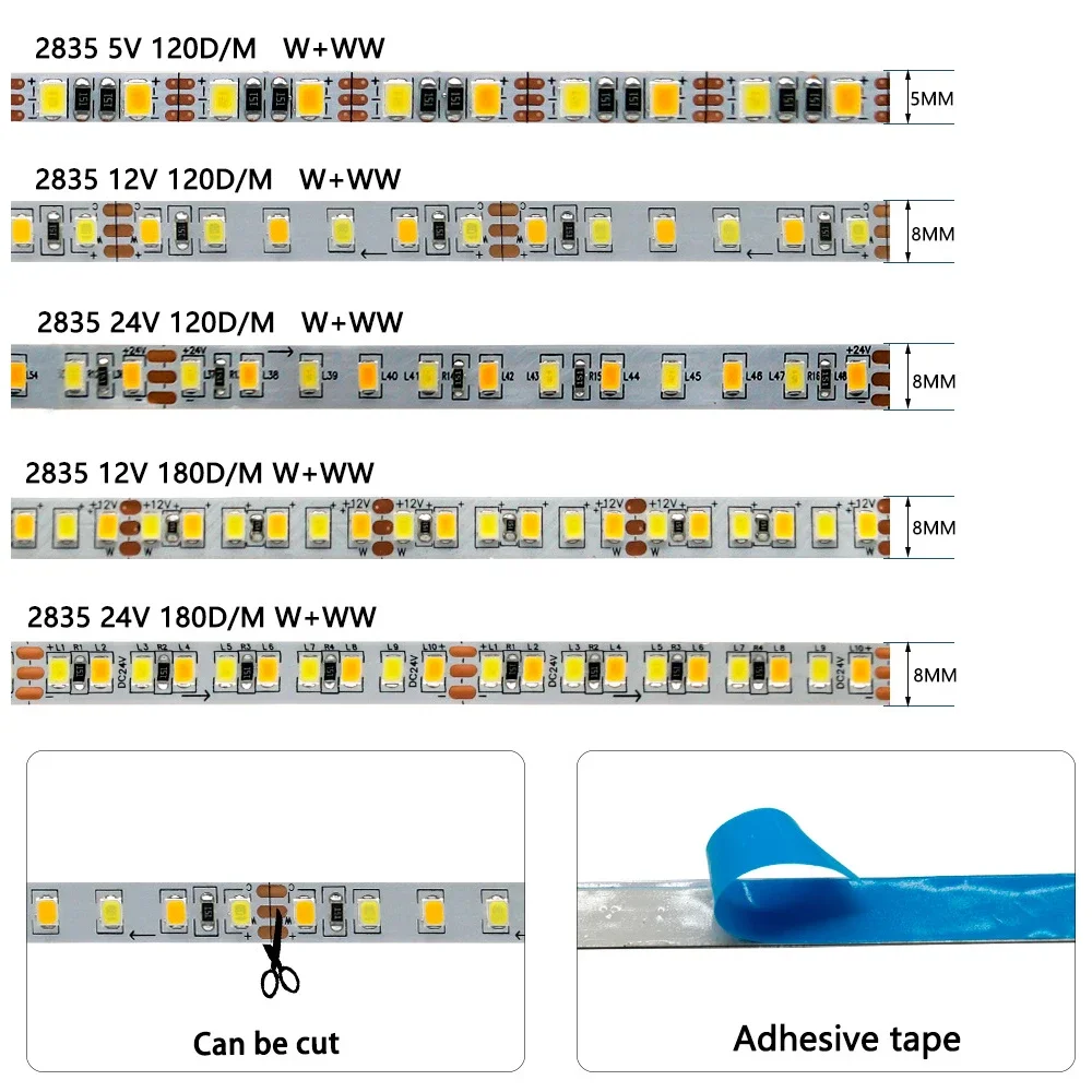 SMD2835 CCT W+WW LED Strips 120LED 180LED 240LED Cabinet Decoration Linear Light Color Temperature Dimmable Light Strips
