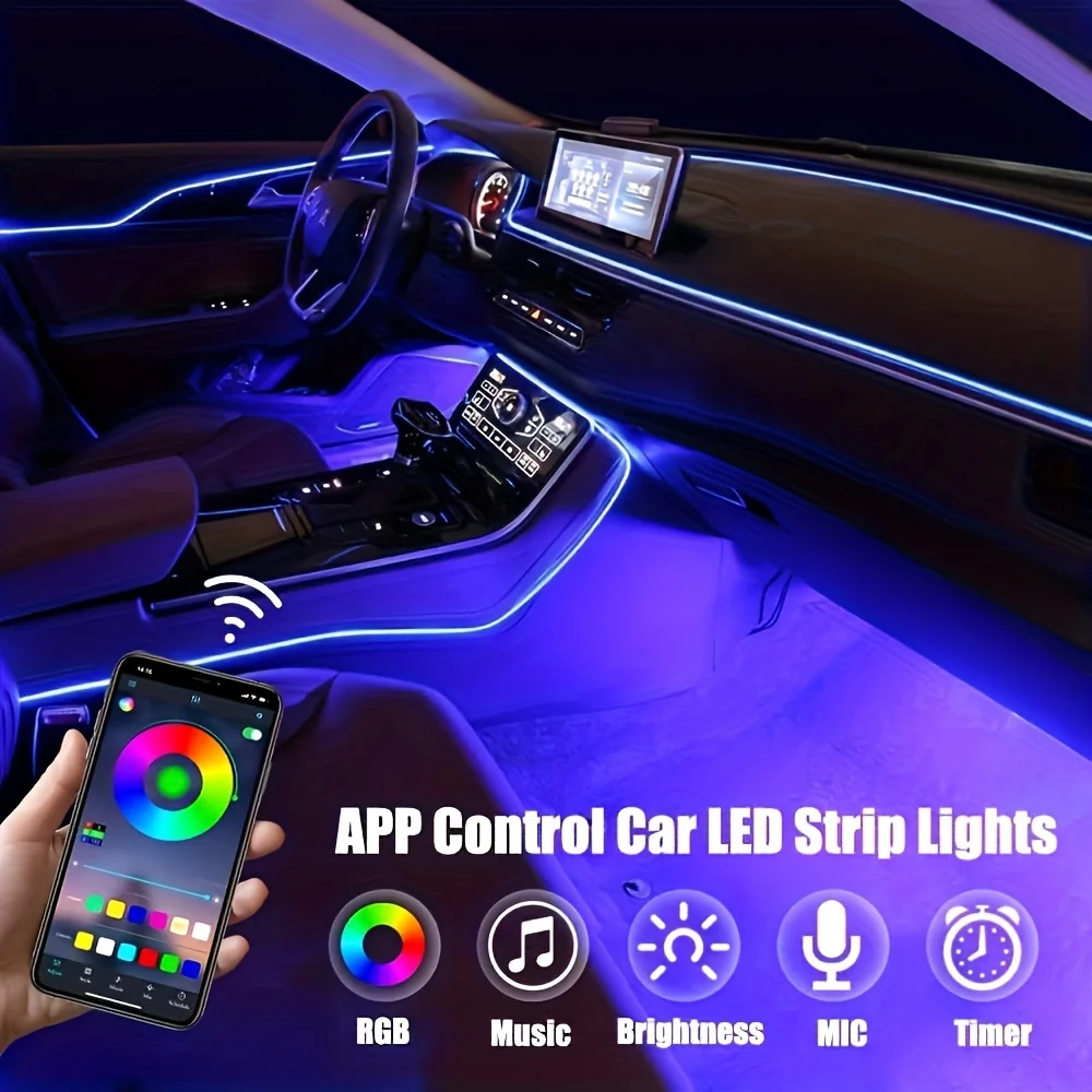 

In Car Neon Lights LED Light Strips With APP Control Fiber Optic 8-color Car Neon Lights Synchronized Music RGB 5-in-1 USB Power