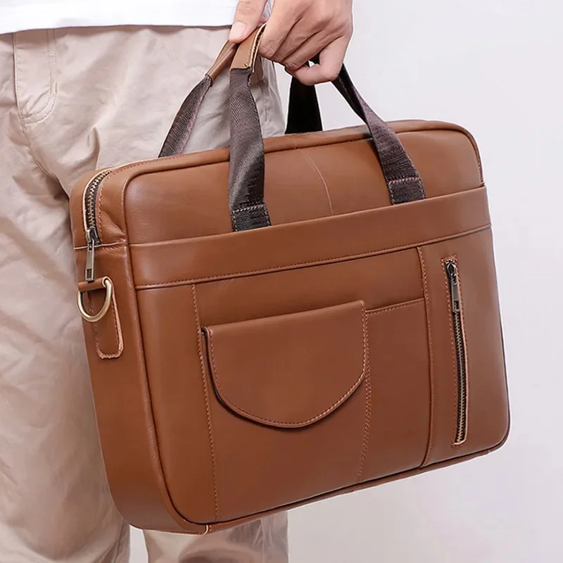 Genuine Leather Men's Briefcase Office Handbag Large Capacity Male Shoulder Messenger Business 15.6 "Inch Laptop Bag