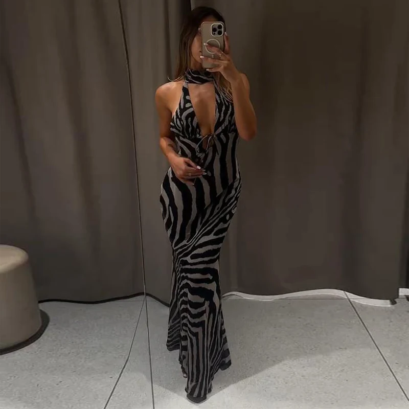 Zebra-Bedrucktes Neckholder-Maxikleid für Damen, Sexy, Ärmellos, Rückenfrei, Tailliert, Hüftbetont, Schlankes Abendkleid, Elegante Damenroben – Detail 16
