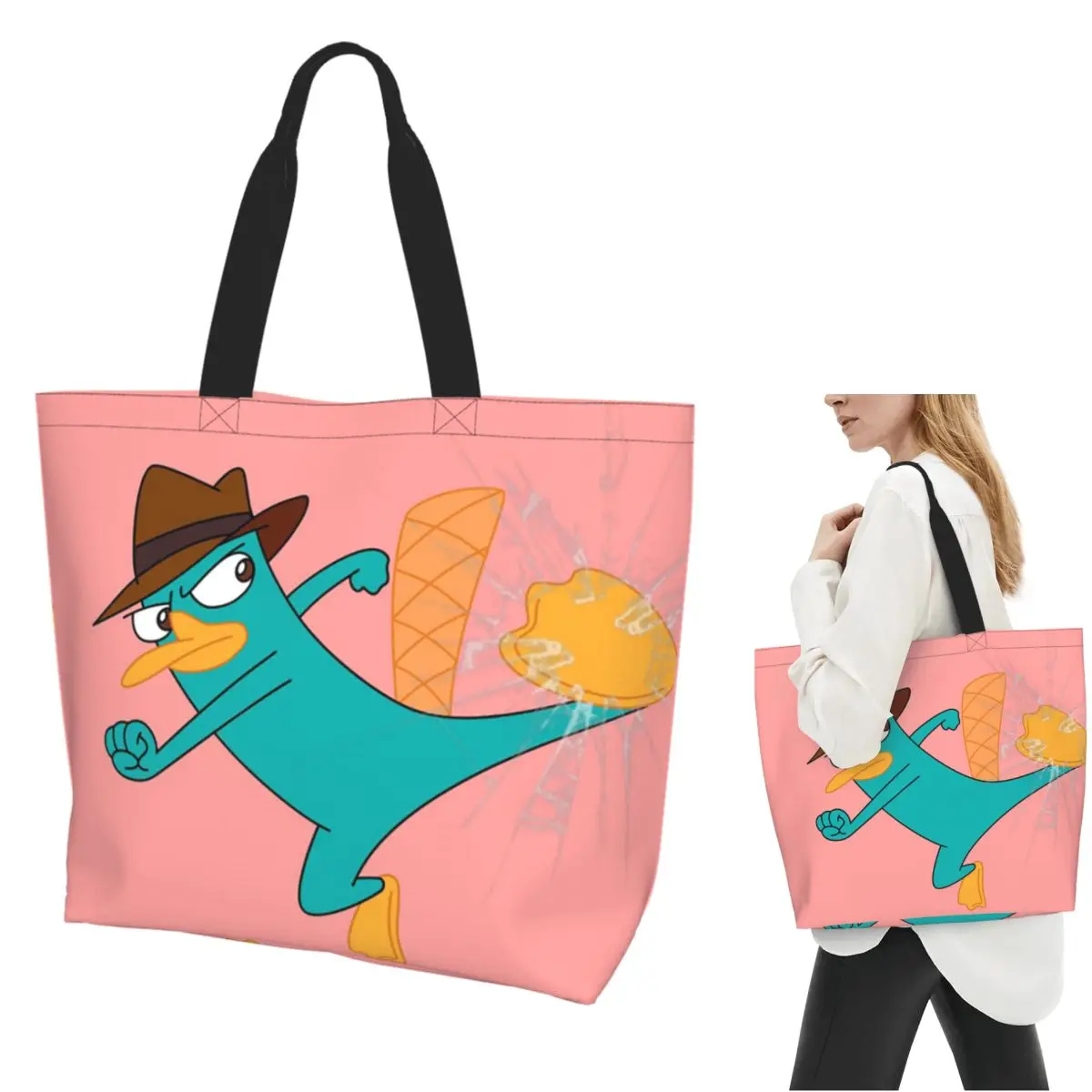 

Сумка-тоут с героями мультфильмов Perry The Platypus, парусиновая сумка на плечо большой вместимости, продуктовая сумка для покупок для женщин