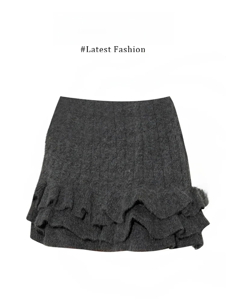 Korean Style Grey Fluffy Thickened Half Skirt with Wood Grain Ruffle High Waist A-Line Short Skirt for Young Women Autumn Win...
