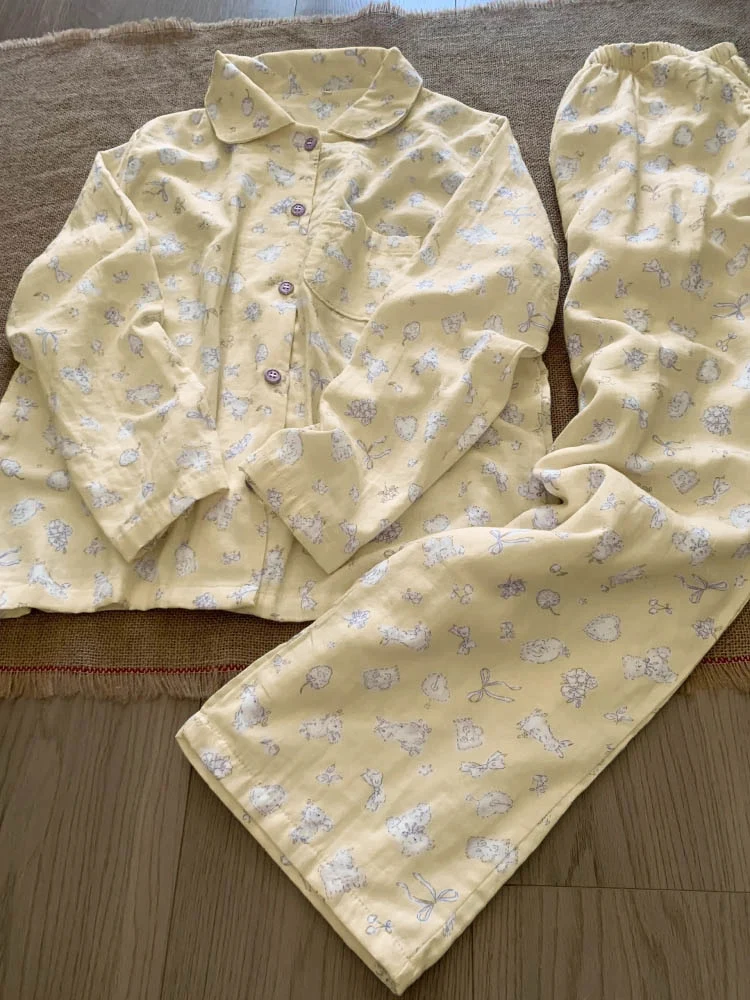 Cartoon Bear Women's Sleepwear Long Sleeve Long Pants Thin Cute Autumn Home Clothes Set Comfortable Cloud Cotton Print Design