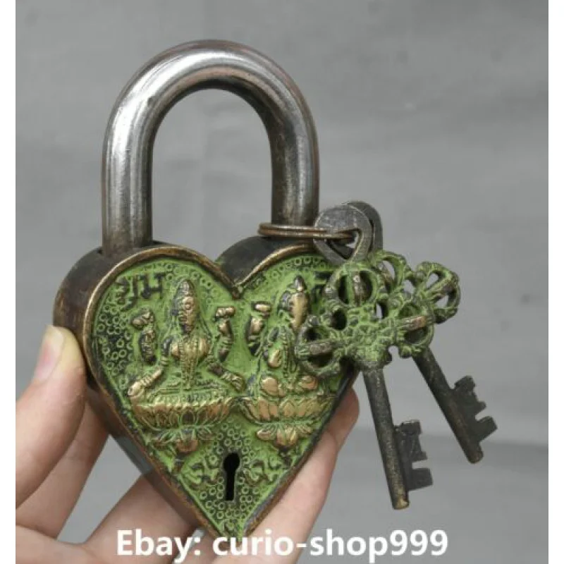 Antique Tibetan Bronze 4 Arms Elephant Mammon Buddha Heart-shaped Lock Key Set