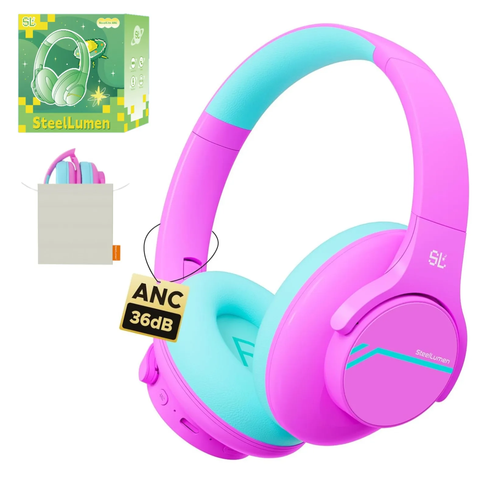 

Nova1Lite Kids ANC Bluetooth Headphones with Mic 40H Playtime Hearing Protection for iPad/Tablet/Travel/Airplane Girls Gift Pink