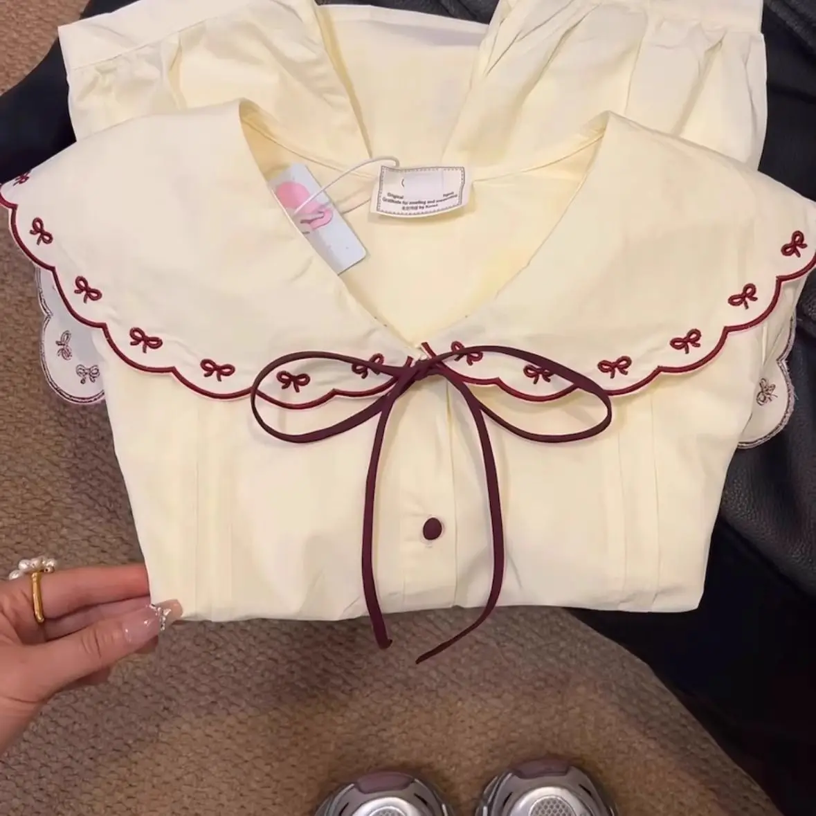 French Naval Collar Blouse Women's Bow Long Sleeve Shirt Korean Sweet Style Spring Autumn Versatile Casual Tops Daily Wear
