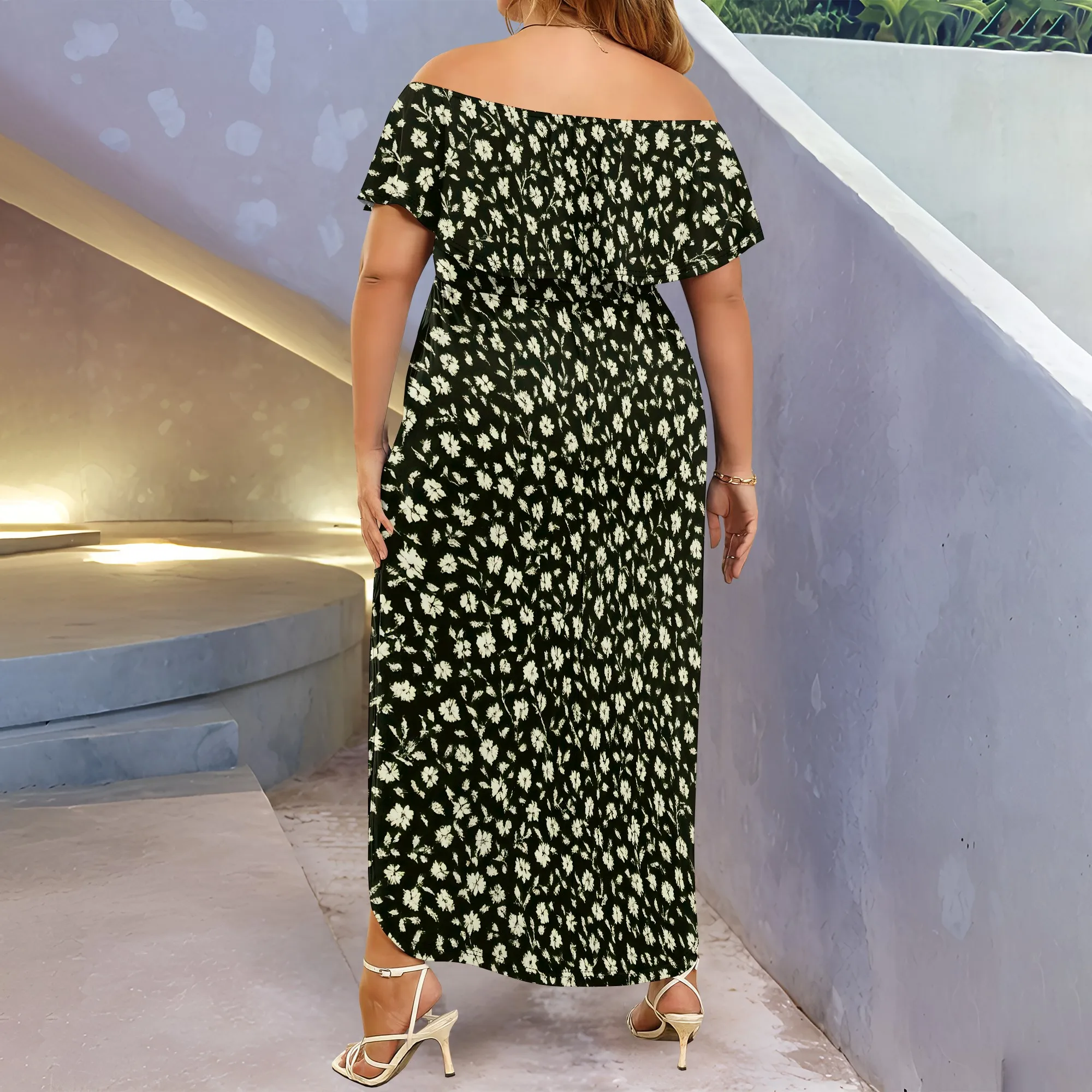 Plus Size Summer Dresses - Boho Casual Off Shoulder Floral Long Maxi Dress with Pockets