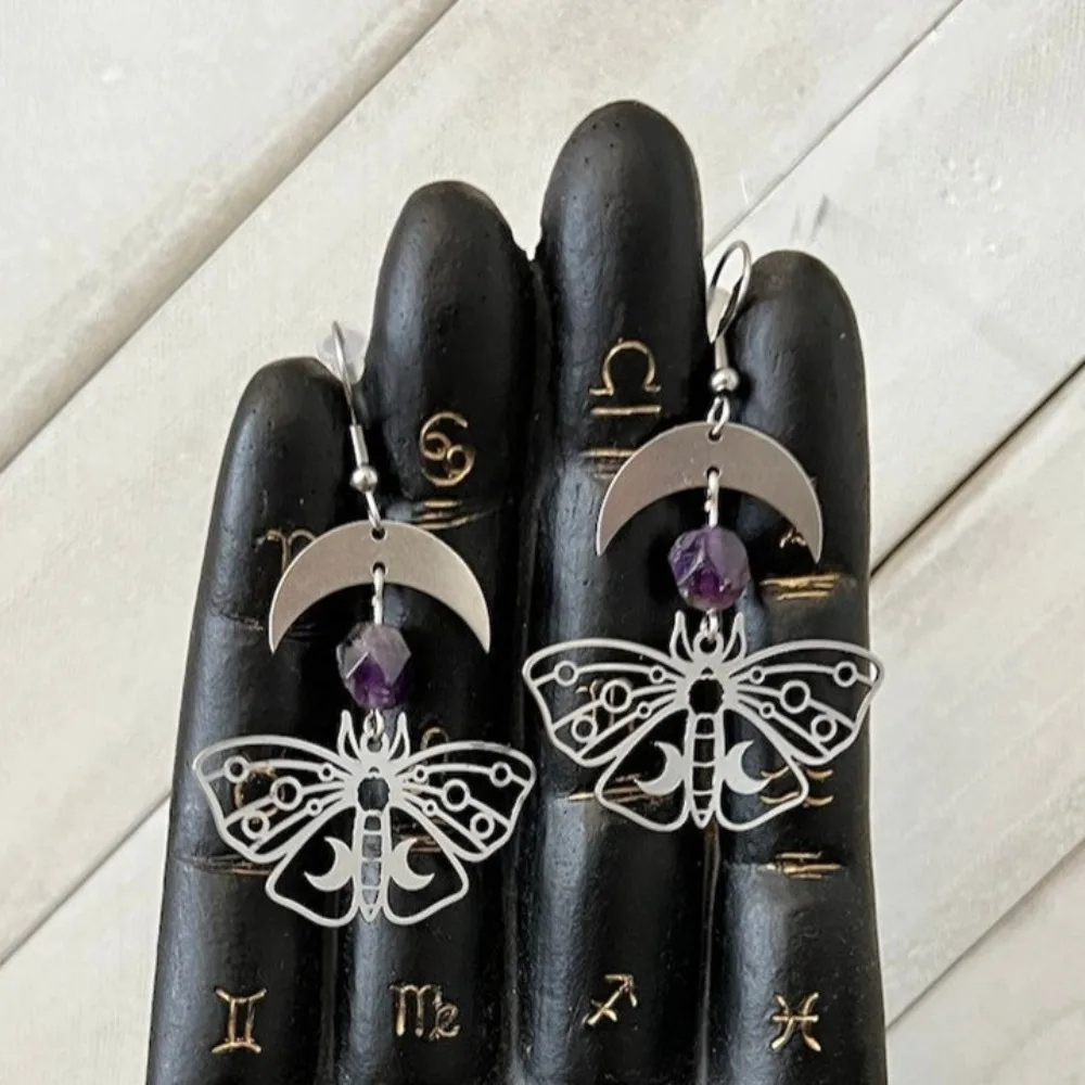 Exquisite Romantic Crescent Moon Purple Crystal Bead Hollowed-out Moth Dangle Earrings for Woman Girl Korean Gothic Jewelry Gift