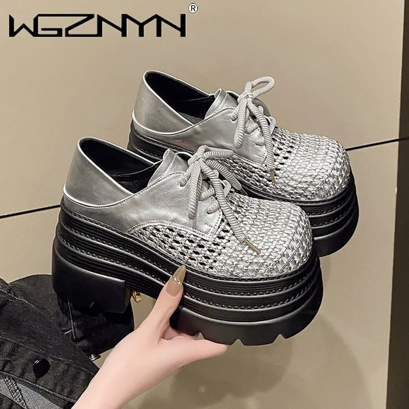 New Luxury Women's Hollow Leather Sneakers High Platform Lace-up Casual Shoes Thick Sole 10CM Heels Walking Shoes Zapatos Mujer