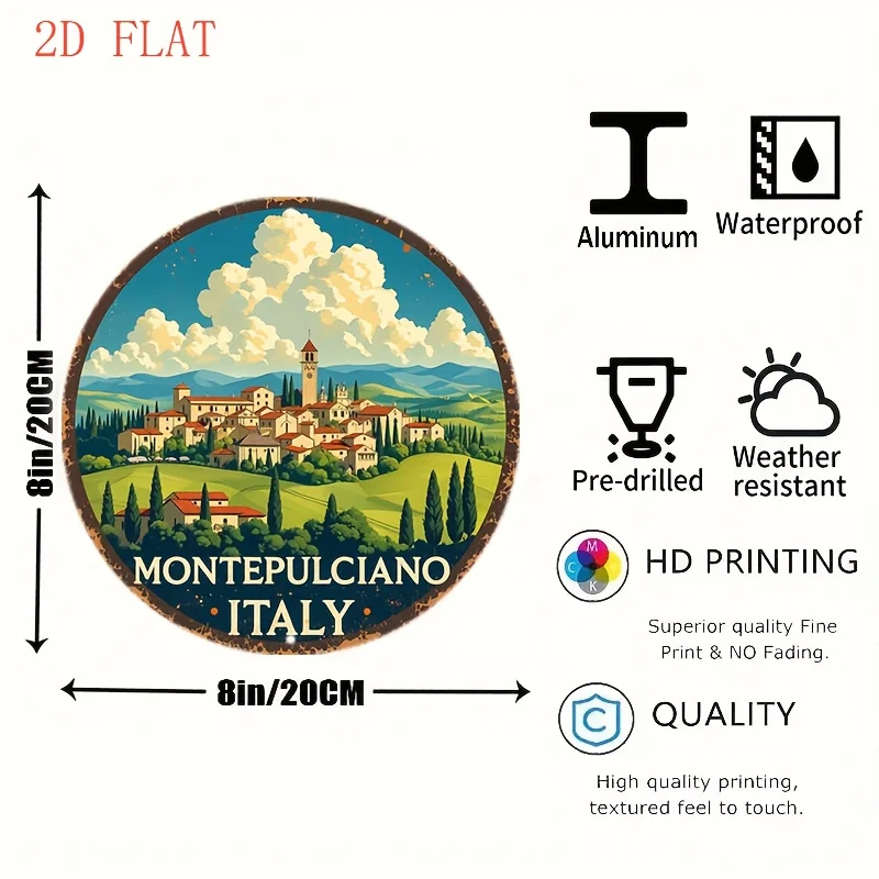 2D Flat, 2D Plane - 1 X 8-inch Round Aluminum Wall Sign, Depicting an Italian Landscape with Hills and Clouds, Perfect for Rusti