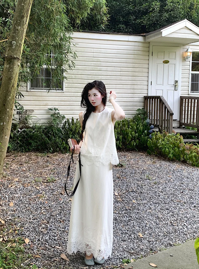 

Elegant Lace Splice Sleeveless Top And Skirt Set Women's Fashion Summer Outfit round Neck Long Pants Casual Stylish Ensemble