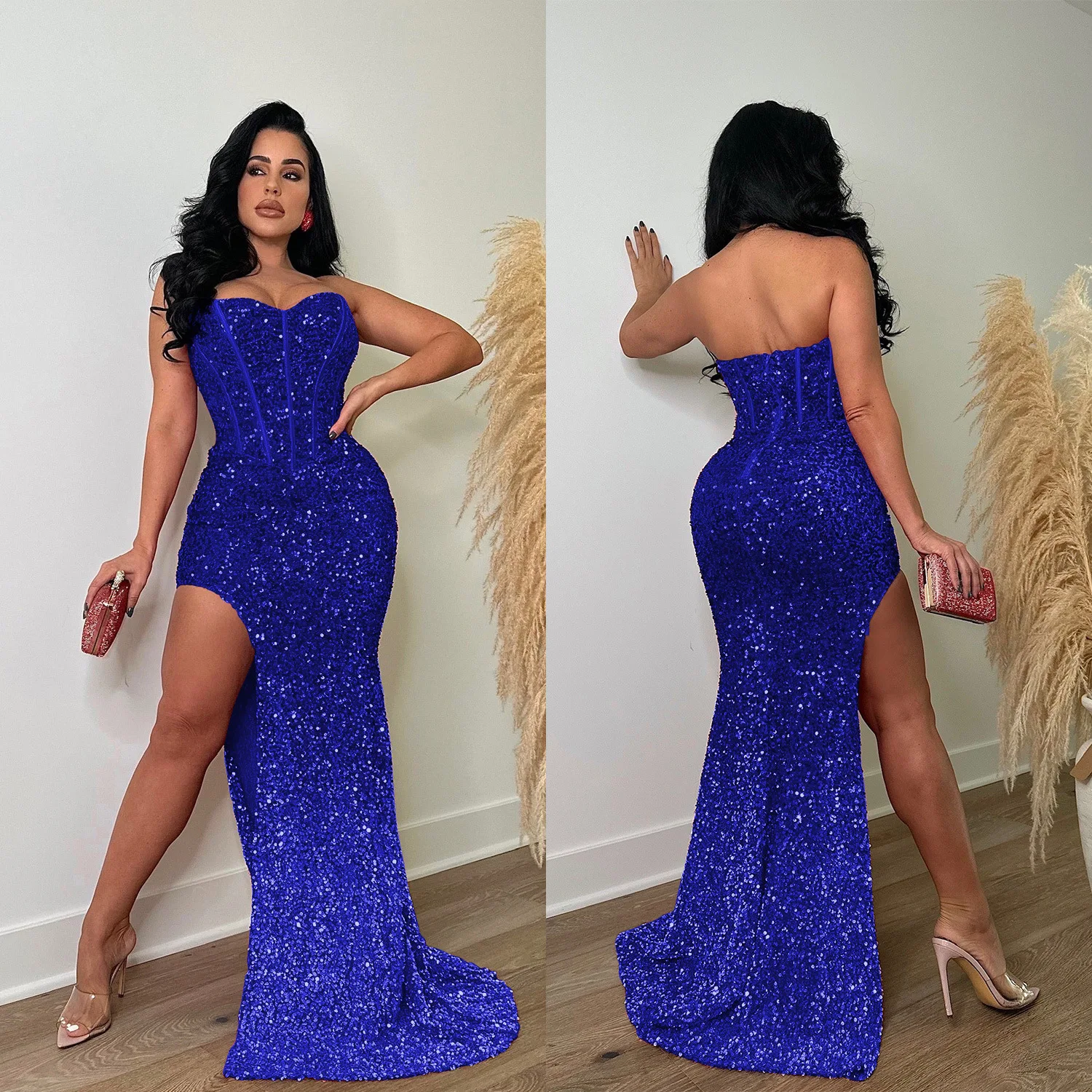 Sexy Sequin Luxury Party Dress Strapless Split Long Robe Women Club Bodycon One Piece Dress Elegant Evening Birthday Vestido