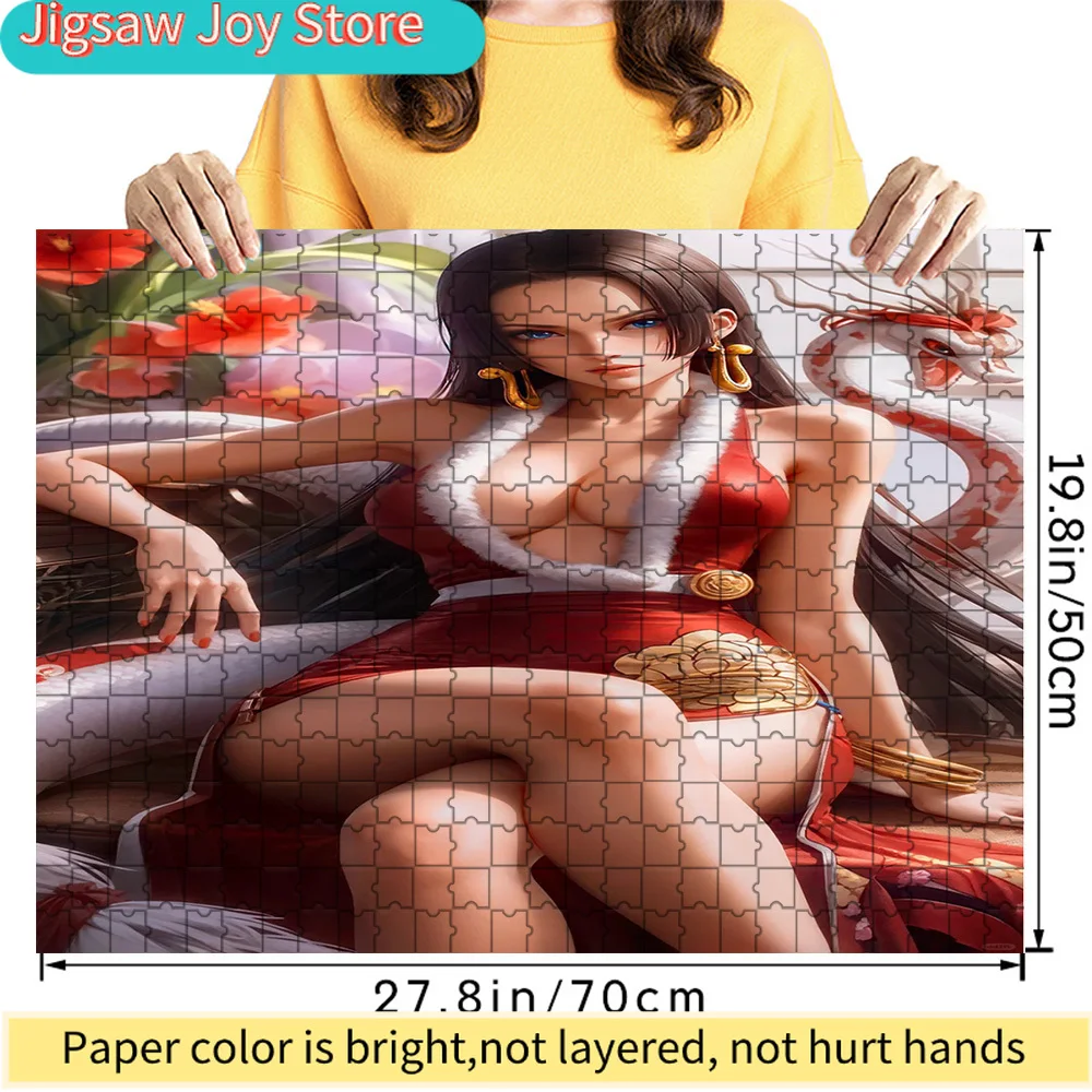 

One Piece Boa Hancock Long Black Hair Red Cheongsam White Fur Trim Golden Snake Coiling Around Floral Background Art Paper Jigsa