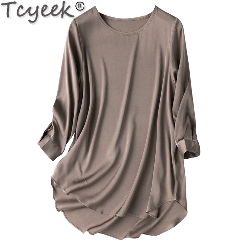 Tcyeek 93% Mulberry Silk Tops for Women Clothes 2024 Spring Summer 19Mm Real Silk T-shirts Women\'s Loose Tees O-neck Футболка