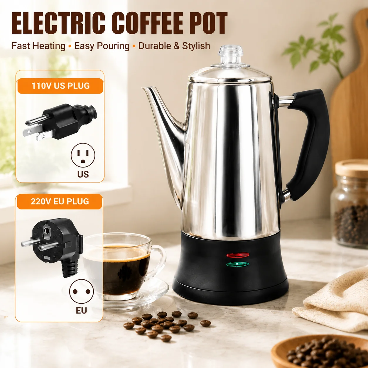 

Electric Coffee Percolator Stainless Steel Coffee Maker with Heat Resistant Tough Glass Clear Brew Coffee Pot with On/OFF Switch