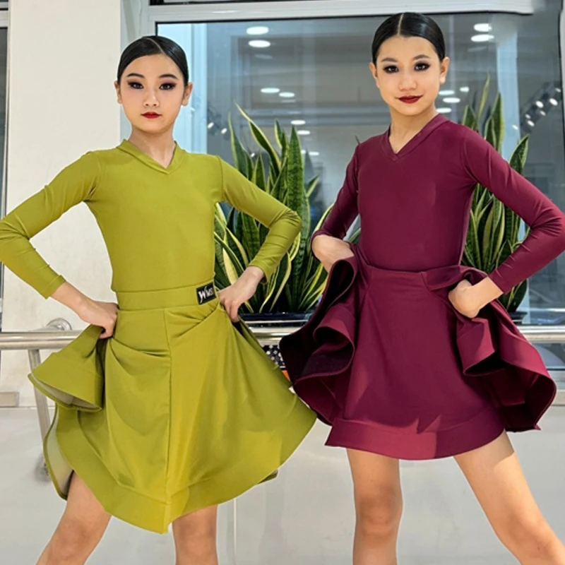 

Long Sleeves V Neck Latin Dance Competition Dress Girls Professional Practice Clothing Cha Cha Rumba Performance Dress DNV23056