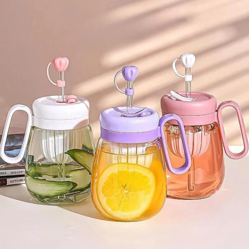 

Transparent Glass Cup with Tea Infuser Lid Handgrip Office Cold Brew Coffee Mug Children Juice Milk Belly Cups Water Bottles