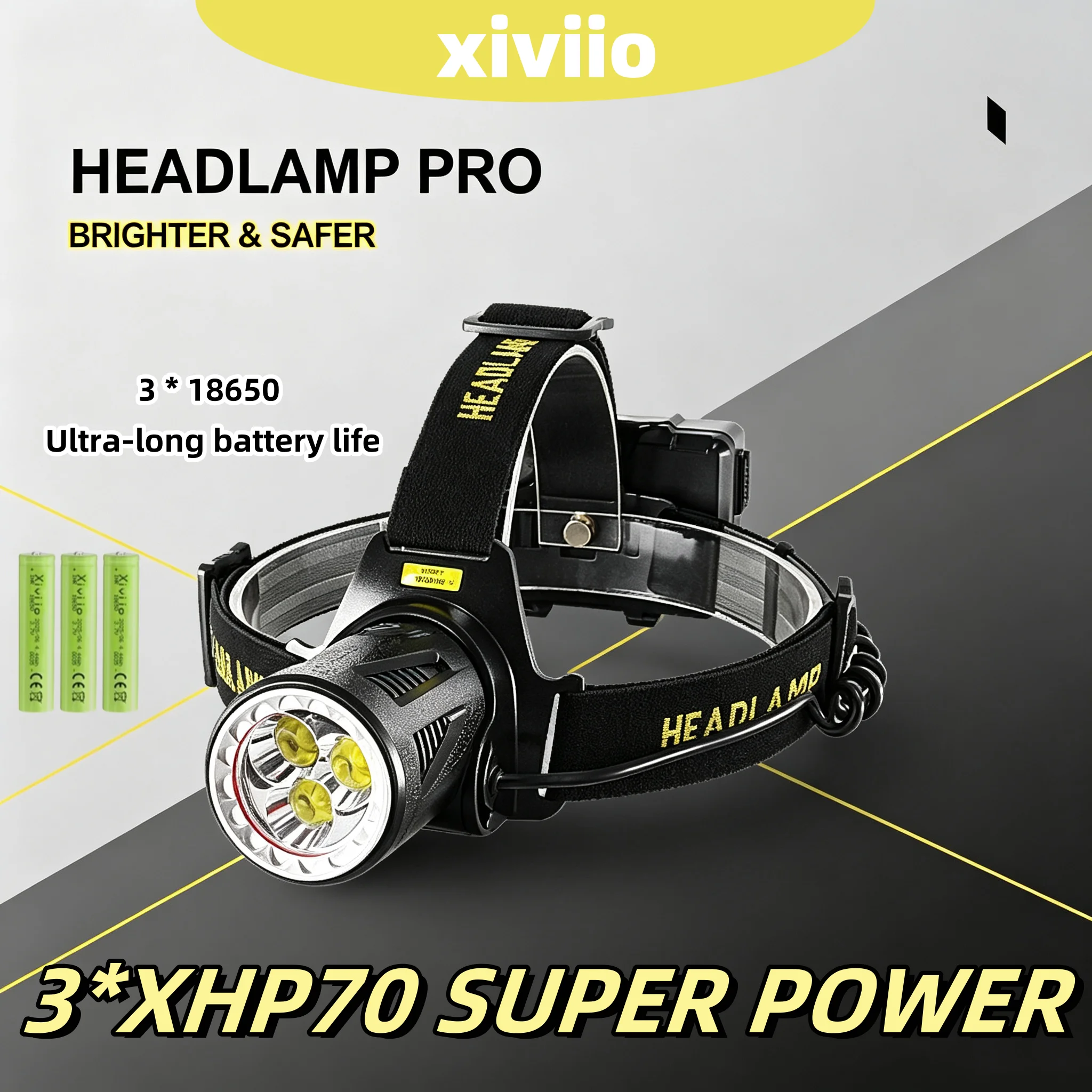 Super Bright 3*XHP70 LED Headlamp Rechargeable Head Torch Warning Light USB Output Power Bank Function Headlight Fishing Hiking