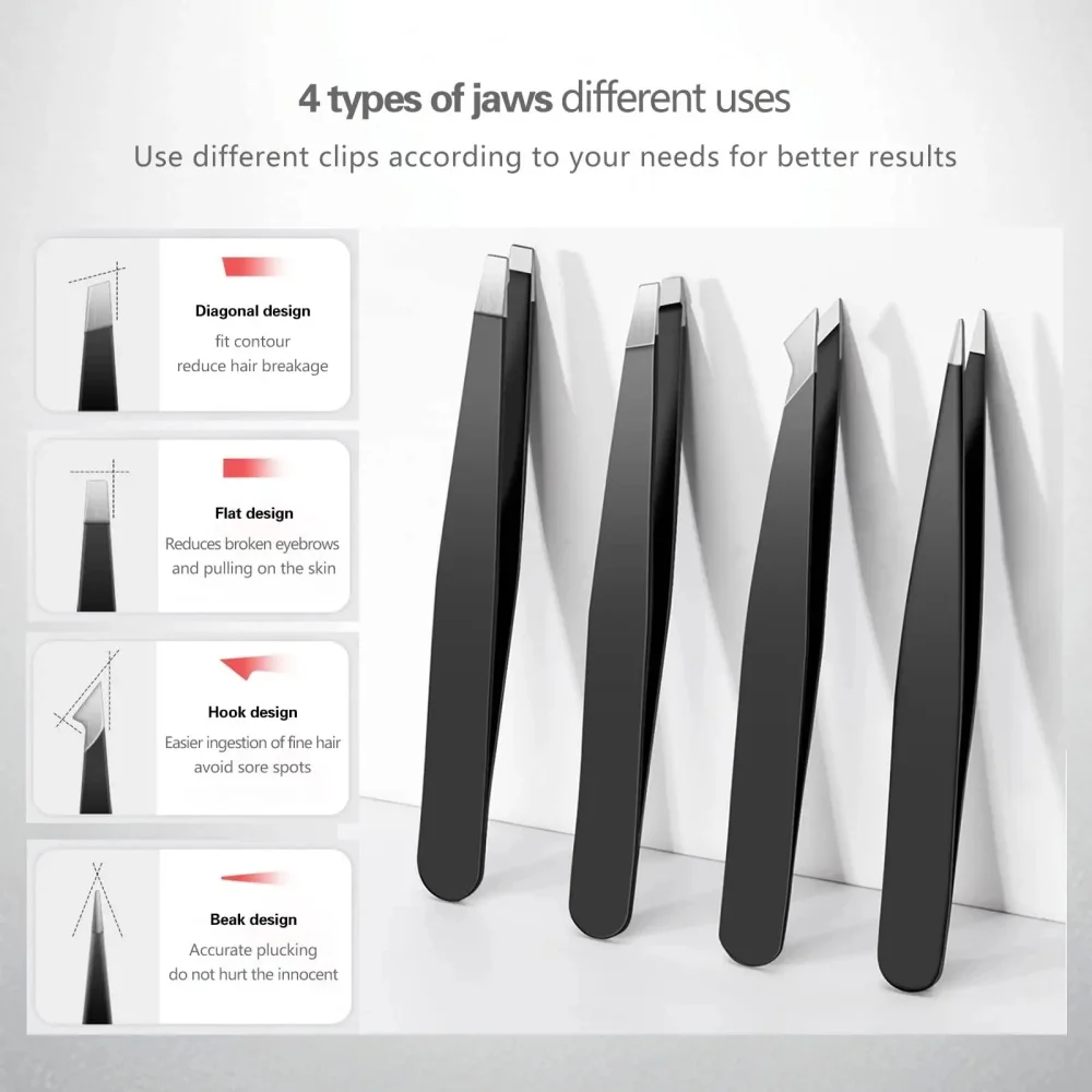Stainless Steel Black Eyebrow Tweezer for Eyelash Tweezer & Ingrown Hair Removal with Slant and Flat Point Beauty Tools