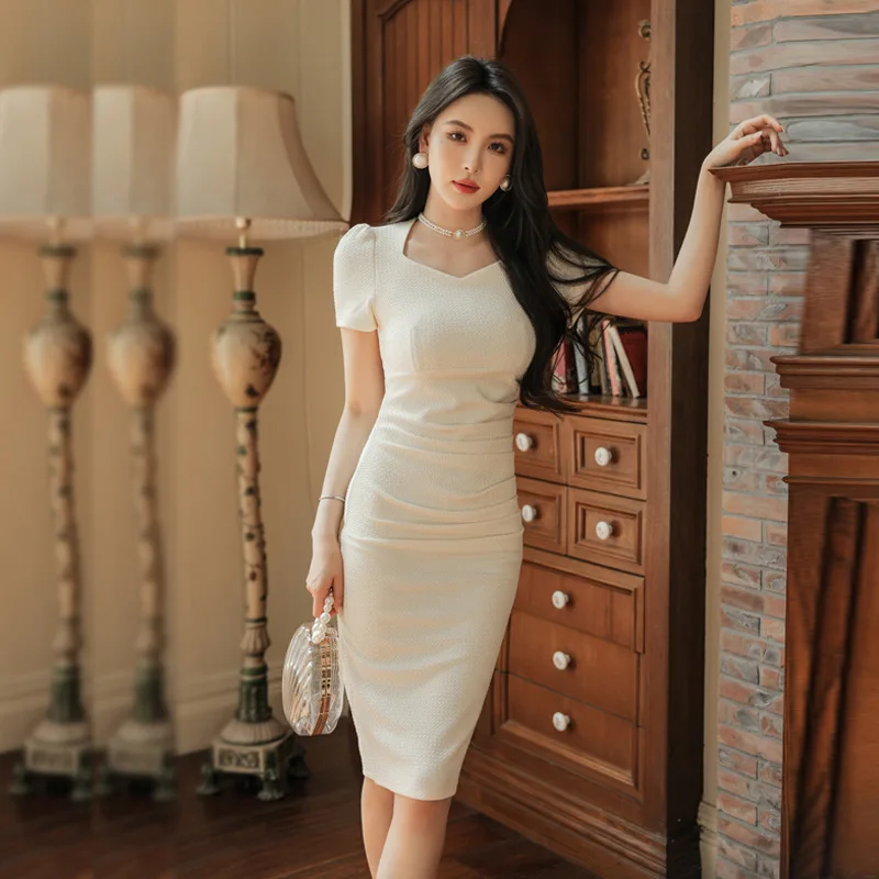 

Summer Fashion Elegant Office High End Woman Square Collar Short Sleeve Dress for Womens Folds Luxury Bodycon Dresses Vestidos