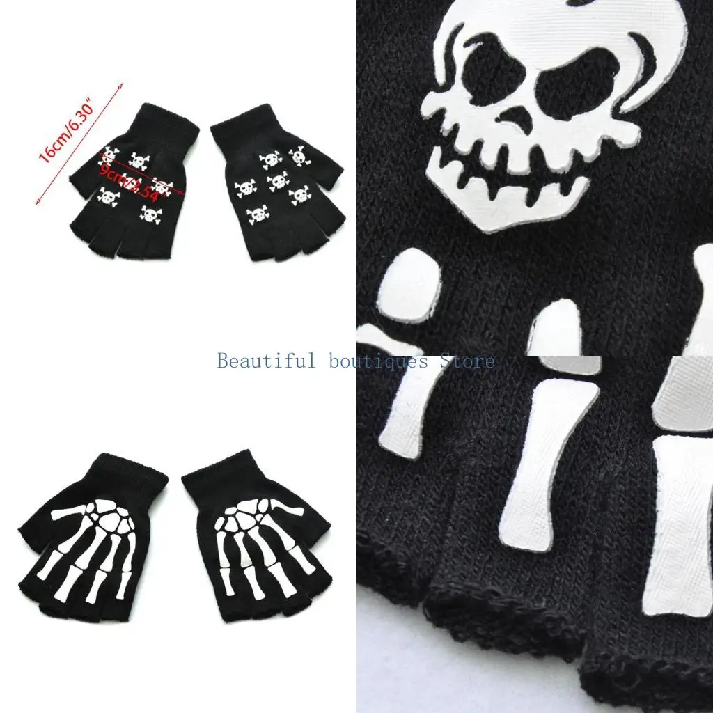 

U4LF Adult Halloween Luminously Skeleton Skull Half Finger Gloves Glow Knitted Fingerless Mittens Cosplay Costume