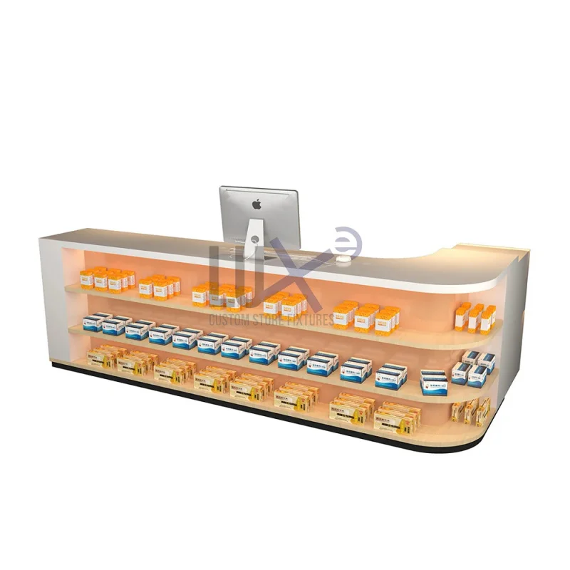custom.Design Modern Style Custom Pharmacy Counter Simple Texture Design Pharmacy Display Stand