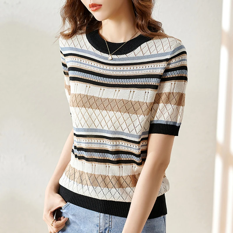 

Striped Thin Knitted T Shirt Women Short Sleeve Hollow Out Tees Shirt 2022 Summer Tops Fashion Womens Clothing Camisetas Mujer