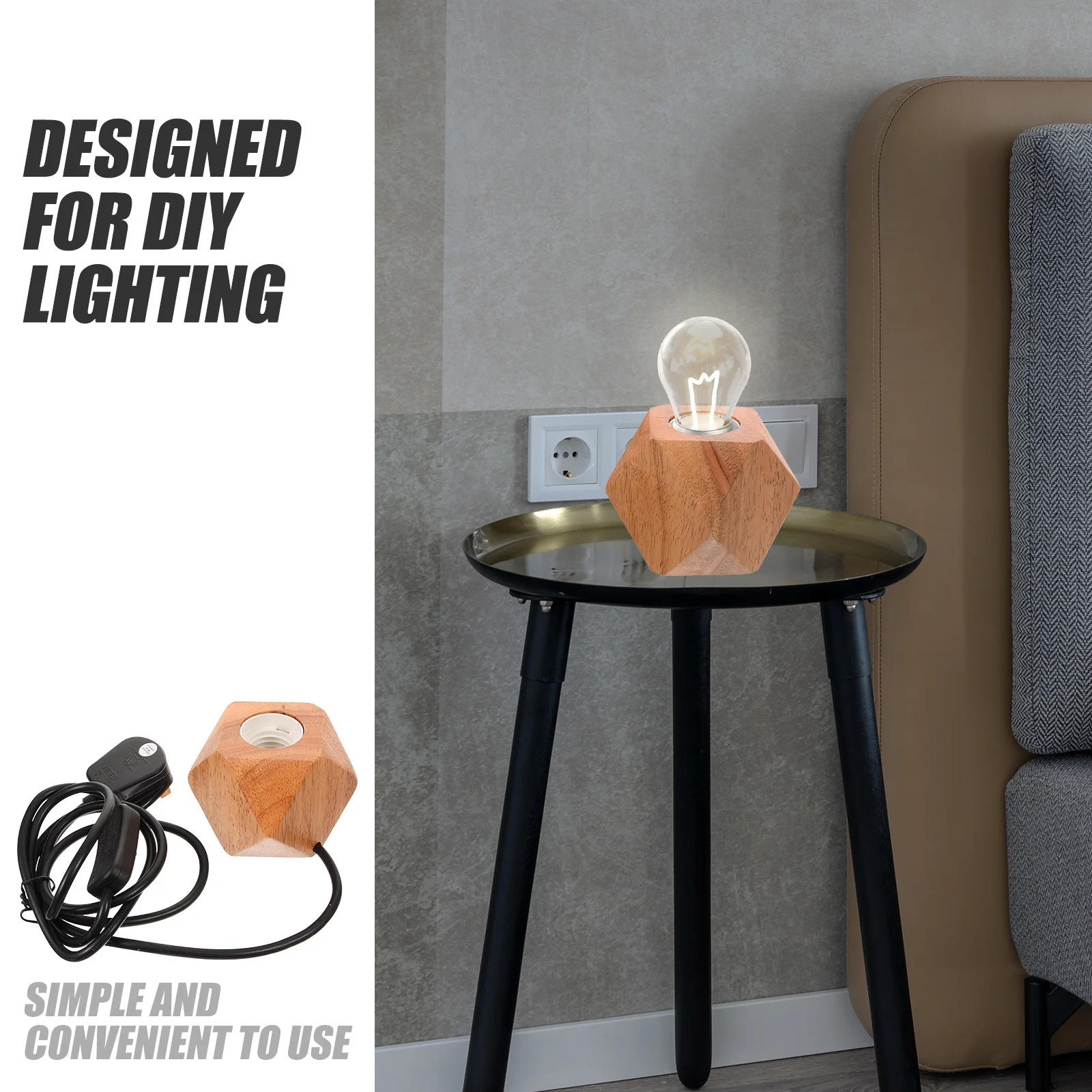 

E27 Socket Lamp Holder Replacement Wood Finish Rhomb Design DIY Lighting Kit for Home Decor Bulb Base Uk Plug Light Fixture