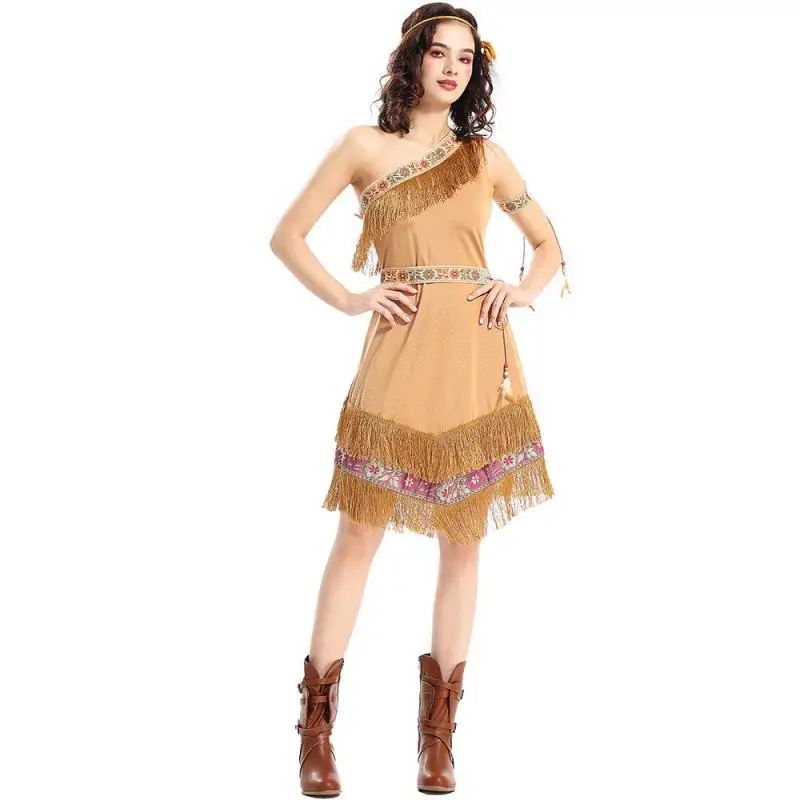 Brown Tassels Dresses Indian Princess Cosplay One Shoulder Dress  Belt Headwear Arm Ring 4PCS Set Halloween Cos Wildman Outfit