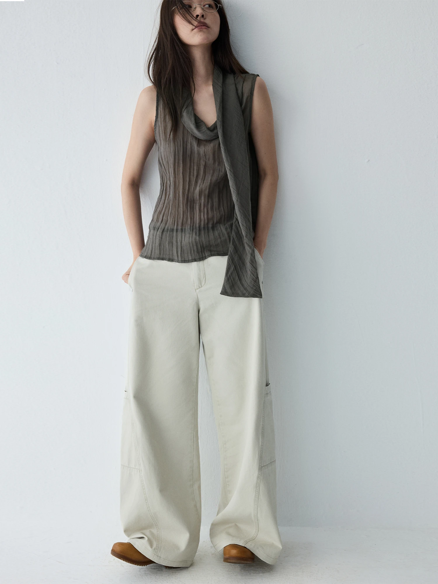HaveRice Restaurant Grey Draped Vest Mixed Linen Fabric Sash Small Flounce Sleeveless Top Women's Loose Fit Summer Outerwear