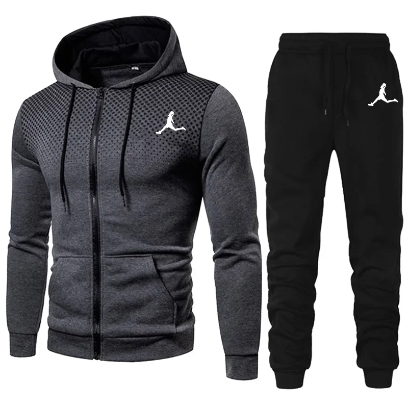 Men Tracksuit Zipper Hooded Fleece Sweatshirt with Sweatpants Two Pieces Suits Male Casual Fitness Jogging Sports Sets