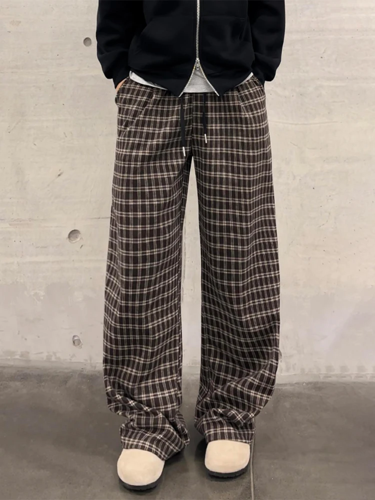 

Brown American Retro Plaid Pants Men's Autumn Drape Wide Leg Knife Straight Sport Casual Trousers Boy Daily Non-deformable Sl...